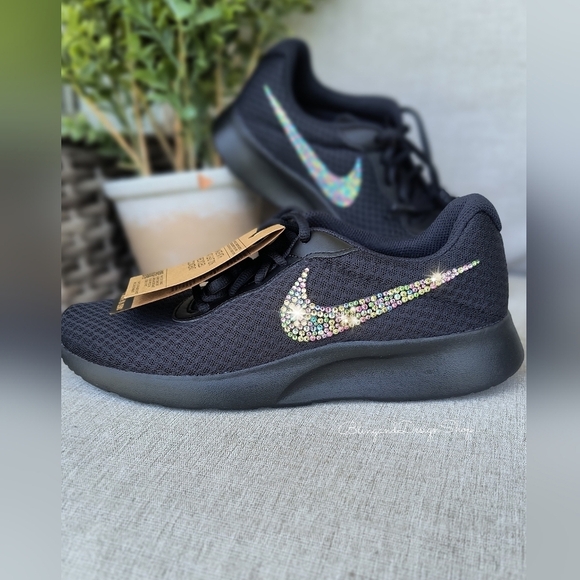 Womens Nike Black Tanjun Shoe Customized with Swarovski Crystal Rhinestones - Picture 4 of 9